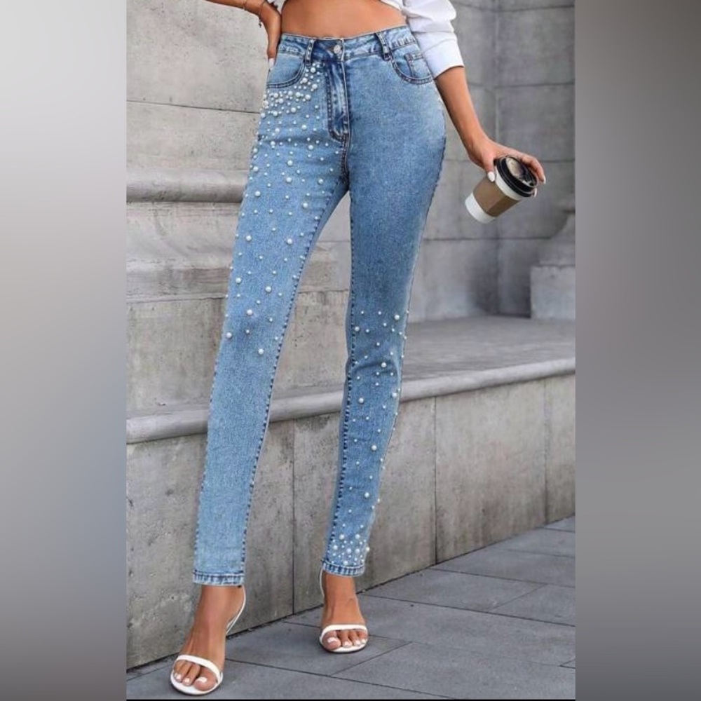Pearl Embellished Blue Skinny, Stretch Denim Jeans | 6 Medium | NWT